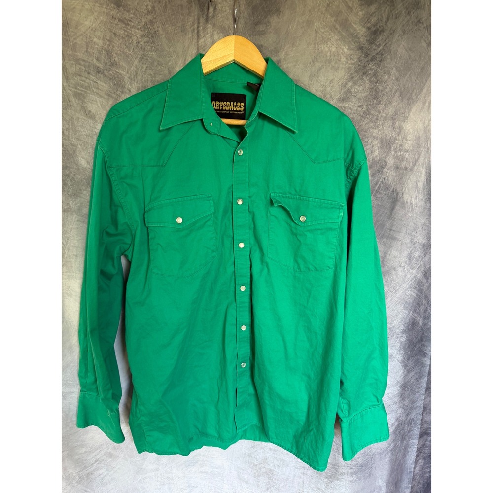 Drysdales Mens Western Pearl Snap Shirt Green Long Sleeve Cotton Twill Large